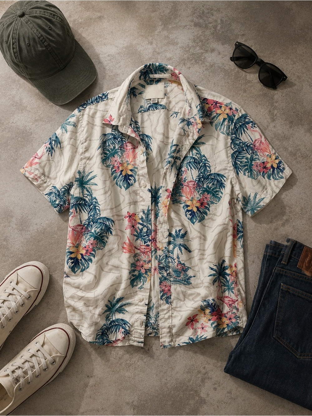 American Eagle Men’s Medium Tropical Hawaiian Button Up Shirt Floral Palm Print